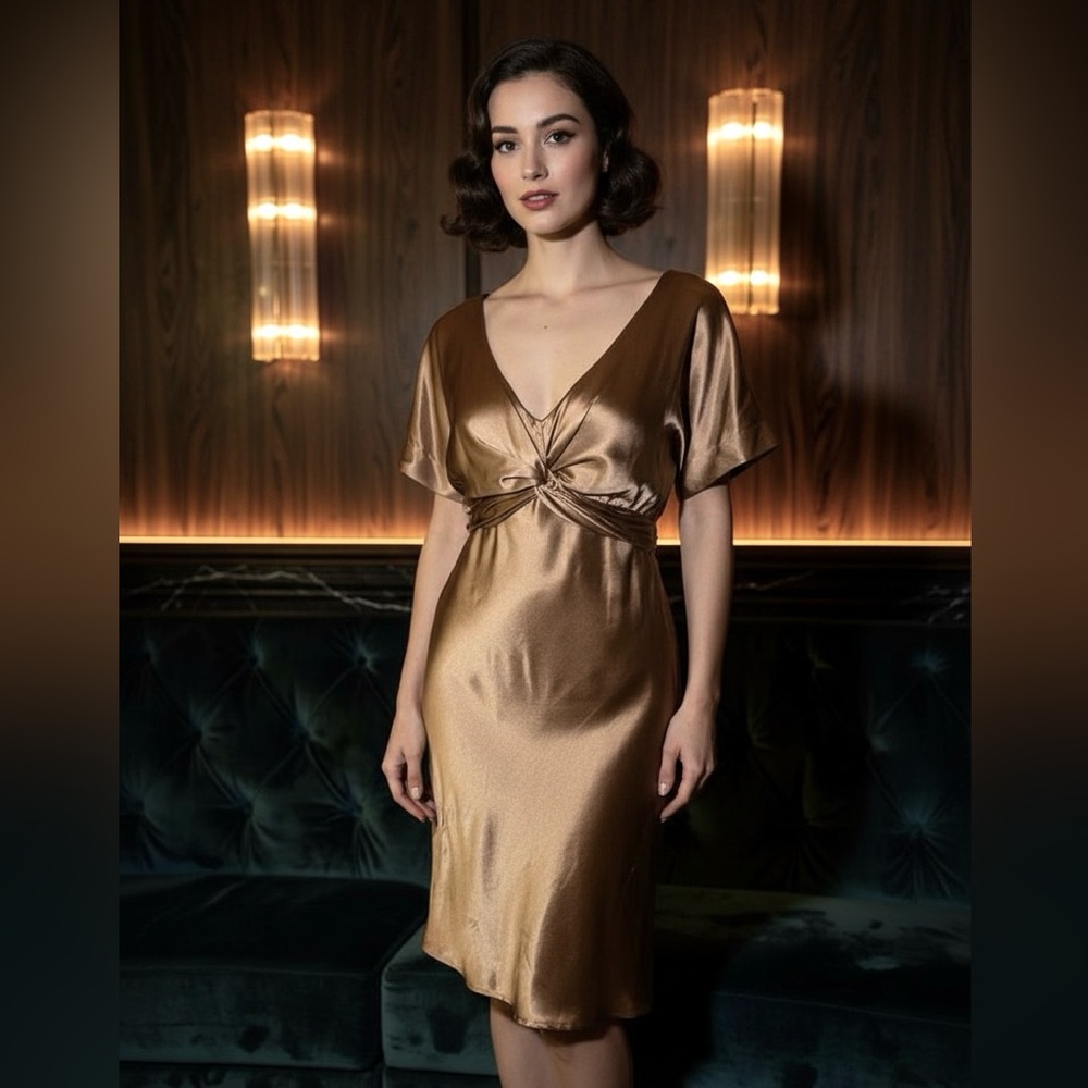 NU Collective Silk Bronze Midi Twist Dress Size S NWT